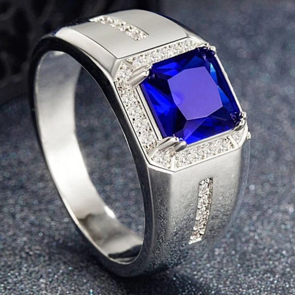 🆕 Men's Micro Pave 3.00ctw. Sapphire and   Diamond Ring 18K White Gold Pltd 🆕 - Picture 3 of 7